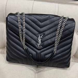 Saint Laurent Black Quilted Chevron Tote with Silver YSL Chain